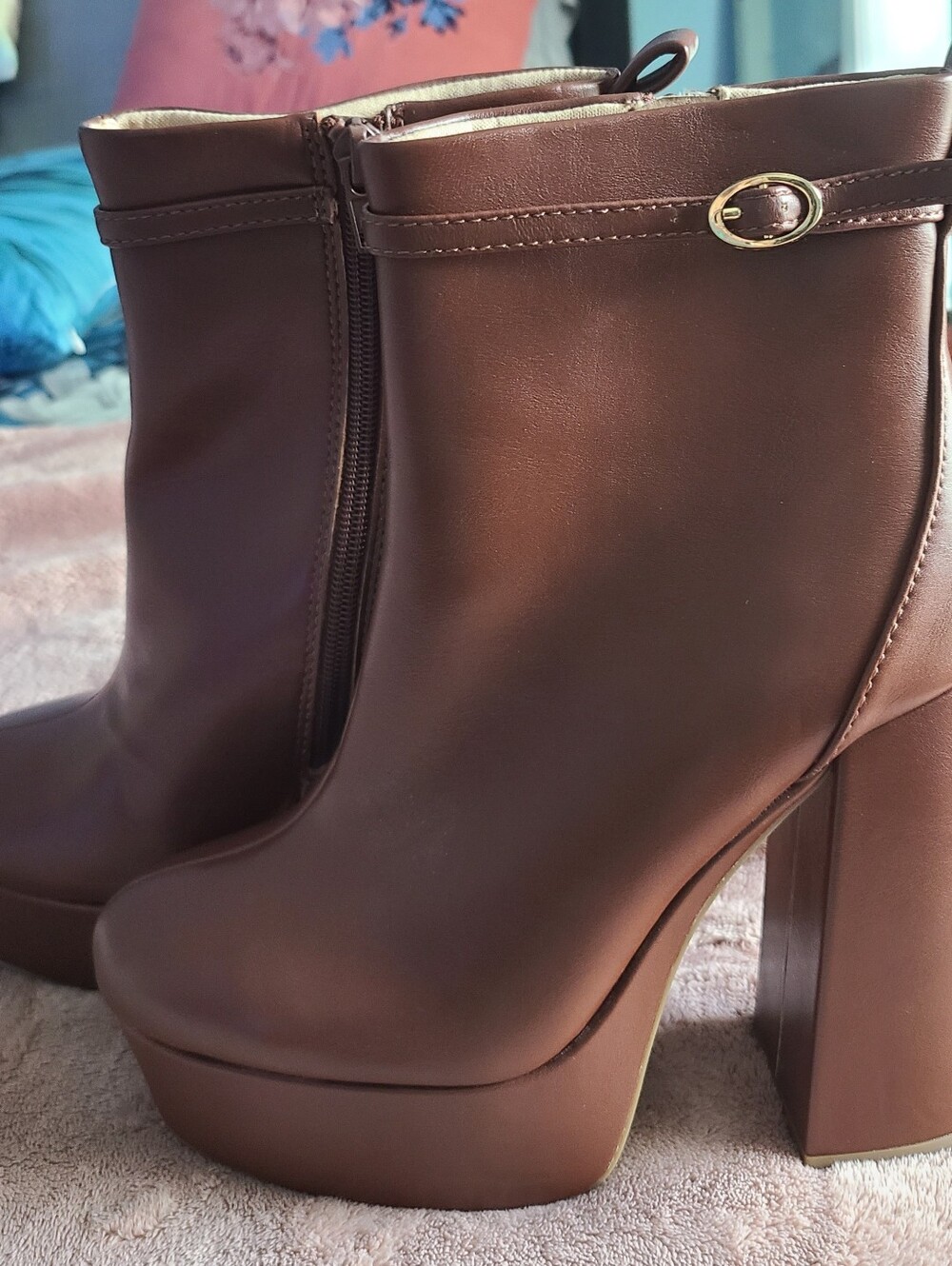 Platform Brown Ankle Boots with Gold Buckle Detail
